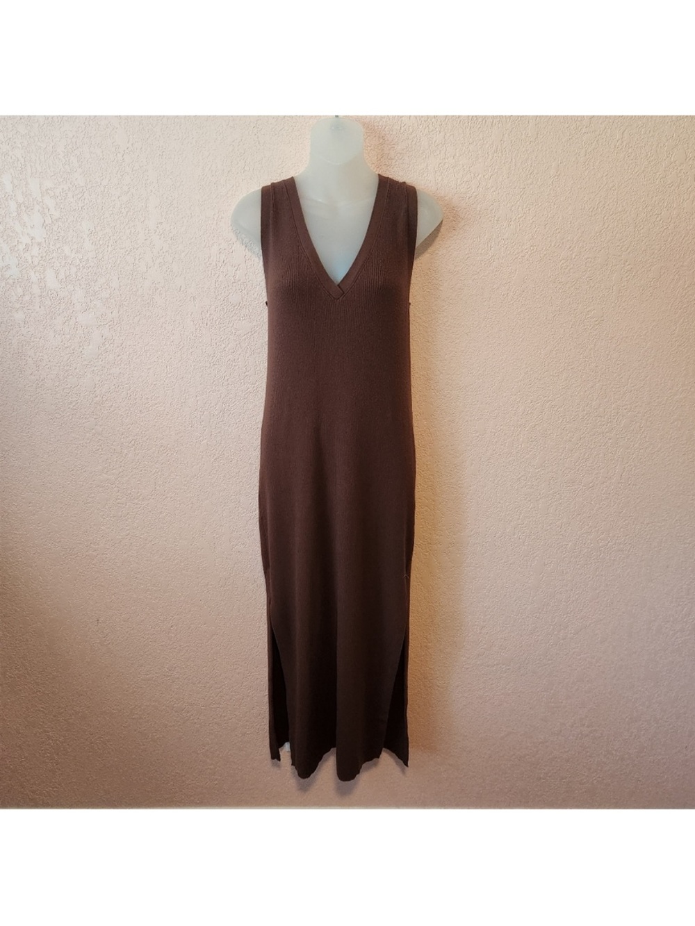 Anthropologie Daily Practice Brown Sleeveless V Neck Ribbed Midi Dress